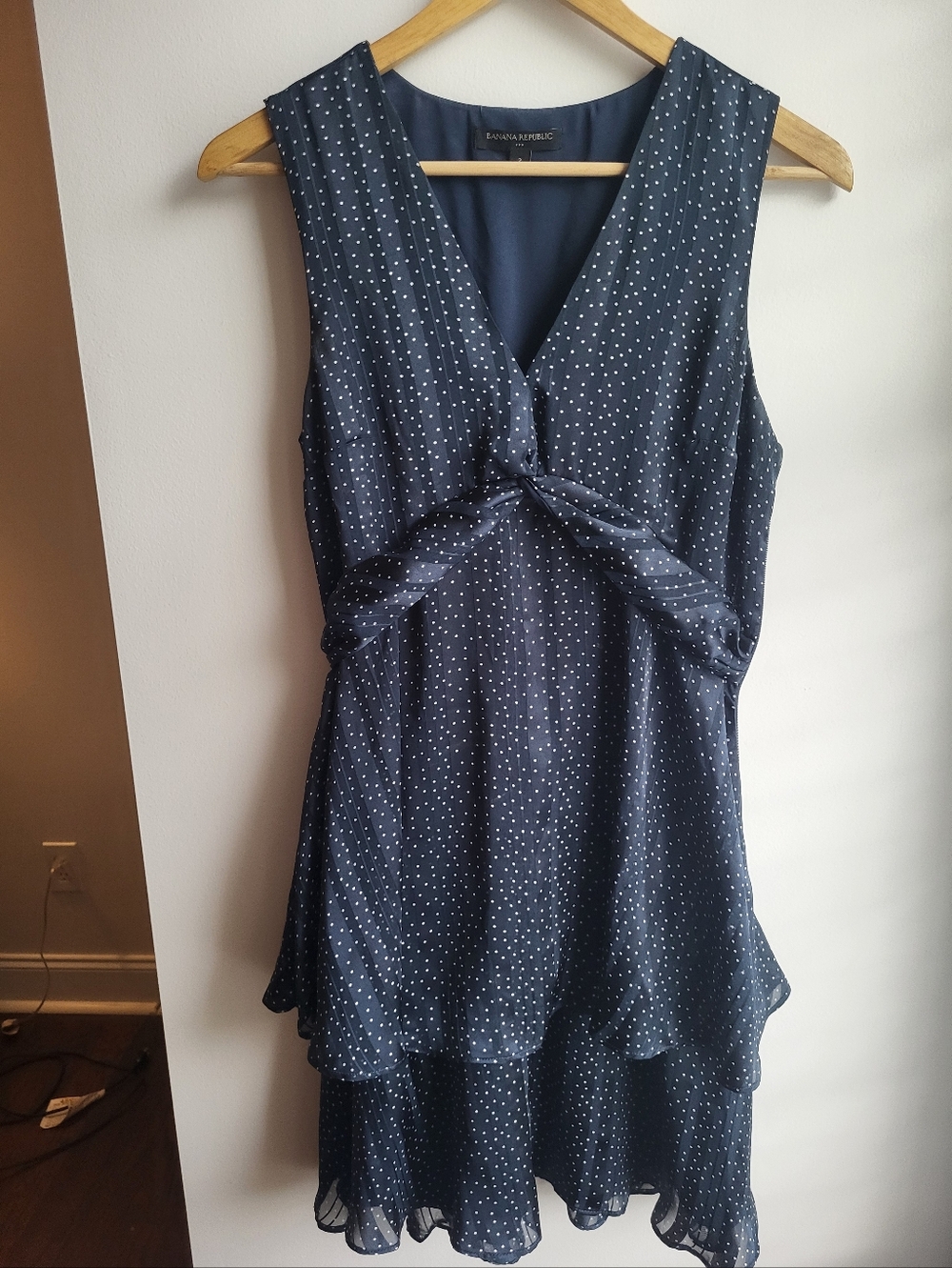 Banana Republic Navy White Polka Dot Twist-Front Sleeveless Dress